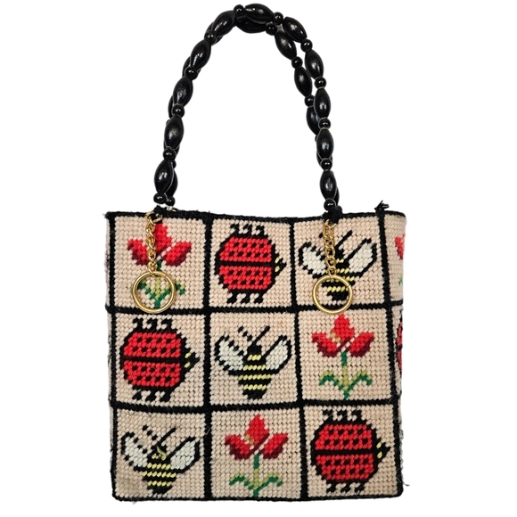 Vintage 70s Handmade Needlepoint Lady Bug‎ Bee Flowers Small Tote Bag Purse - Picture 1 of 9